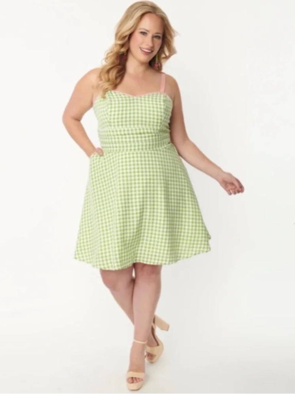 Unique Vintage Green Gingham Follow Your Heart Fit & Flare Dress